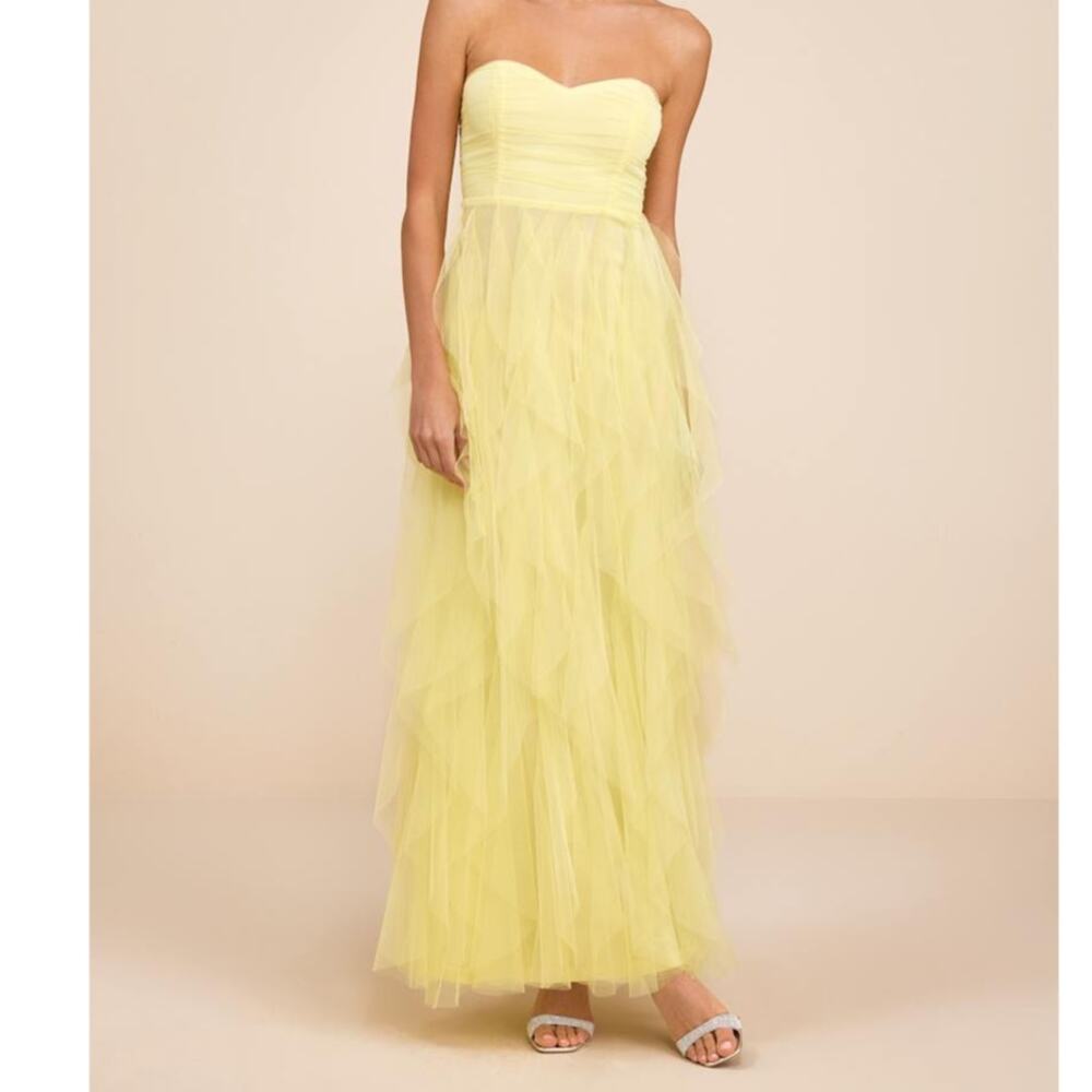 NEW Lulus Delightful Beauty Yellow Strapless Ruched Mesh Ruffled Maxi Dress XXL